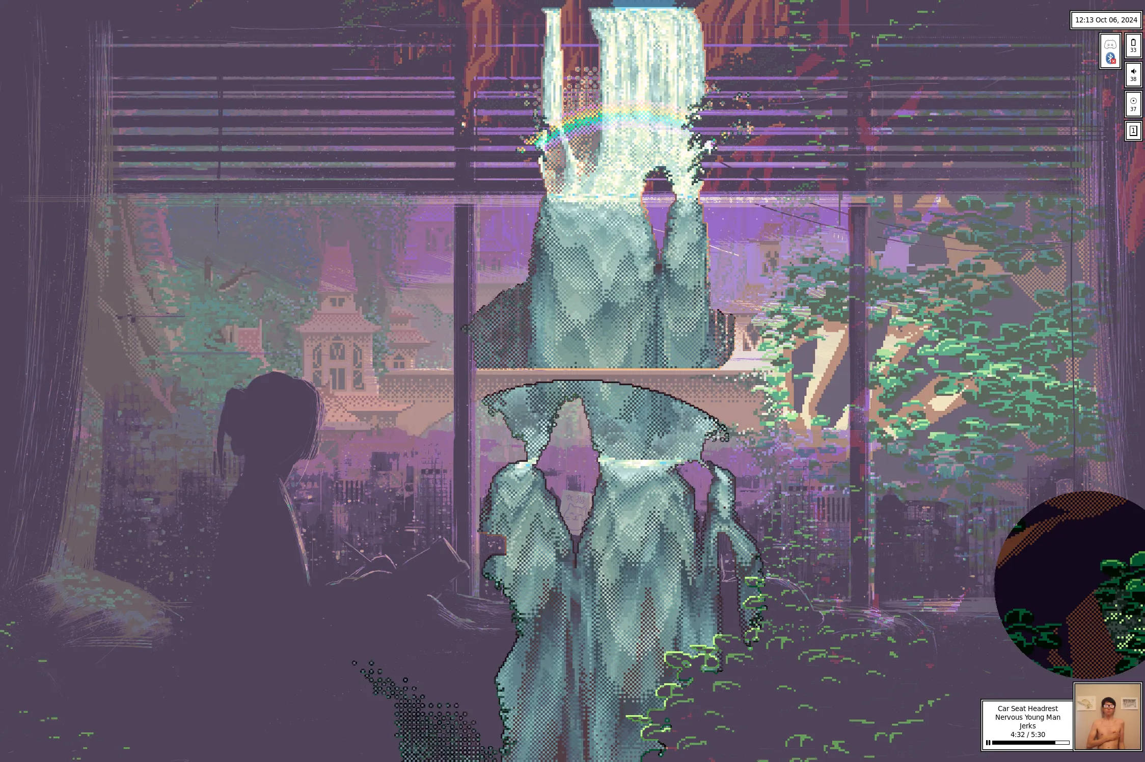 A screenshot of my desktop. The wallpaper renderer has tried to render two images at once, resulting in a picture of a girl sitting in bed looking out of her apartment window over a city at night, overlayed with a pixel art waterfall cascading over a bridge, which appears to run over the city.
The bottom right corner of the screen has a widget displaying the album art for Nervous Young Man by Car Seat Headrest.