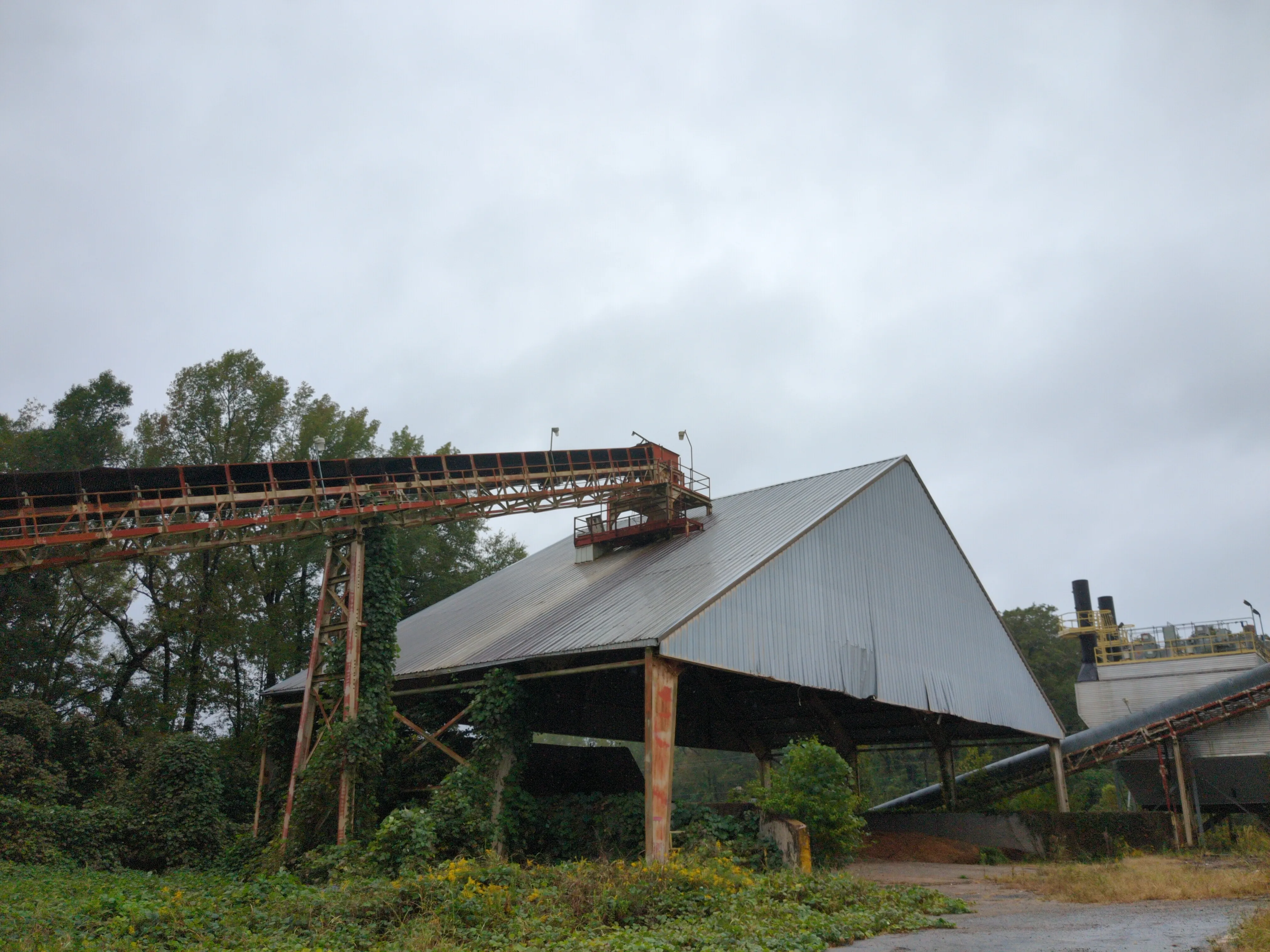 A photograph of... I'm not sure what its intended purpose is? It seems to be a building for storing grain, maybe? With conveyor belts running to and from it. Kudzu has overtaken the ground beneath it.